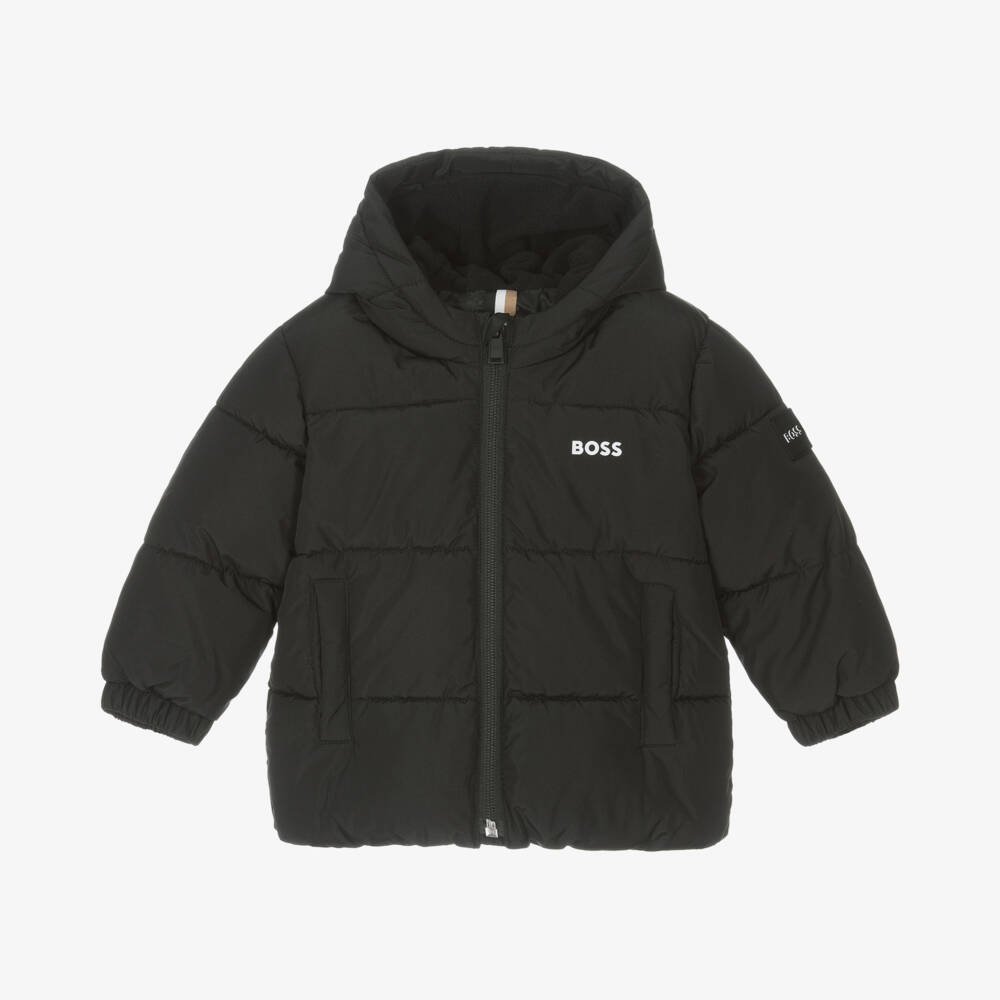 BOSS-Boys Black Hooded Puffer Jacket | Childrensalon Outlet