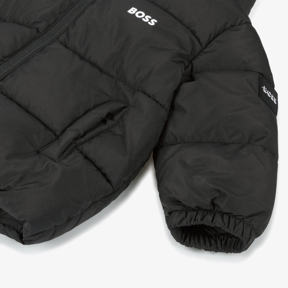 BOSS-Boys Black Hooded Puffer Jacket | Childrensalon Outlet