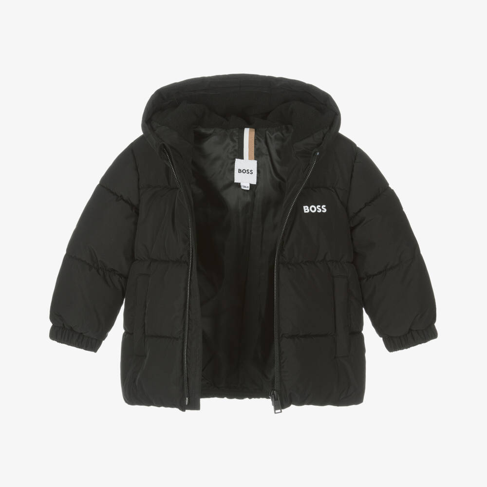 BOSS-Boys Black Hooded Puffer Jacket | Childrensalon Outlet