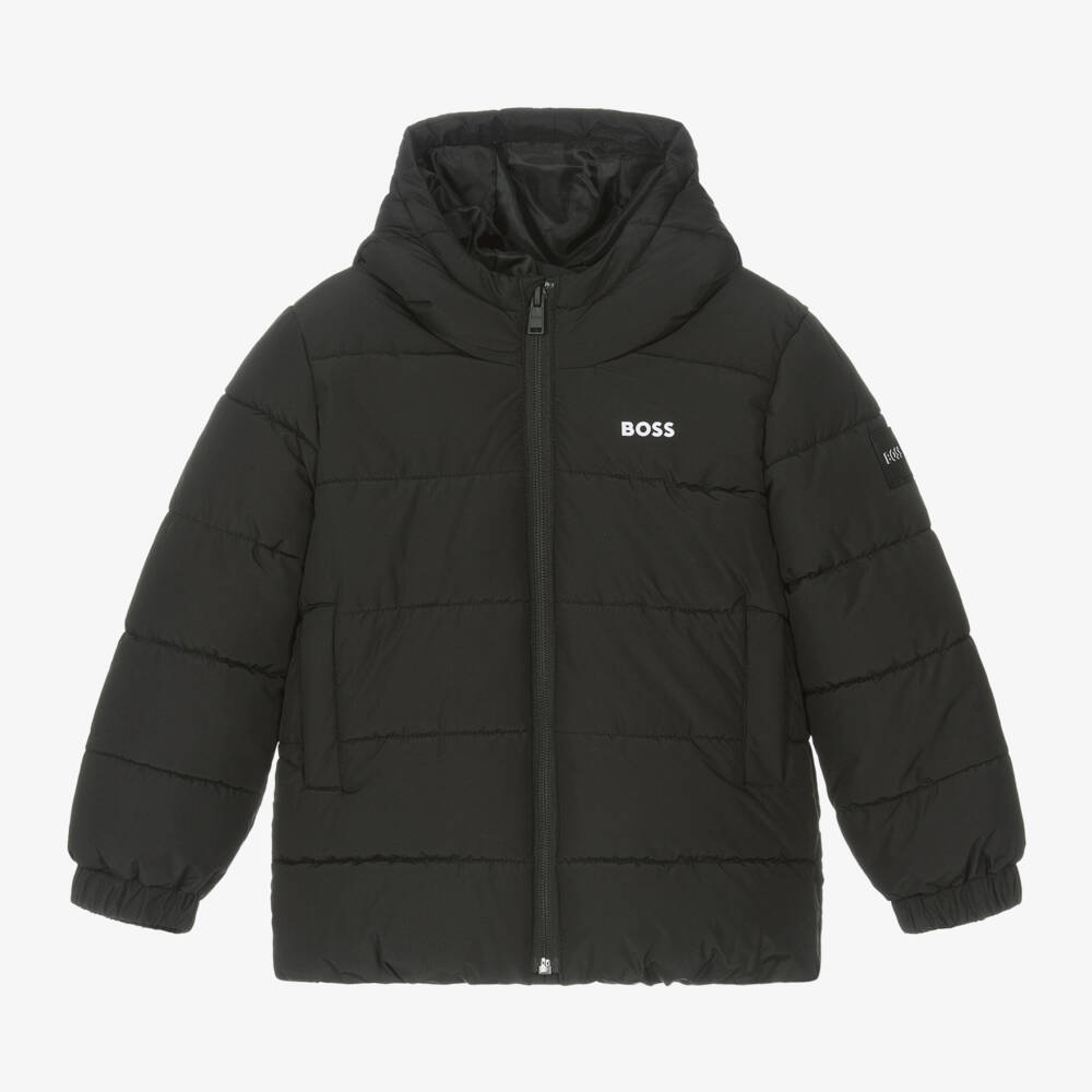 BOSS-Boys Black Hooded Quilted Jacket | Childrensalon Outlet