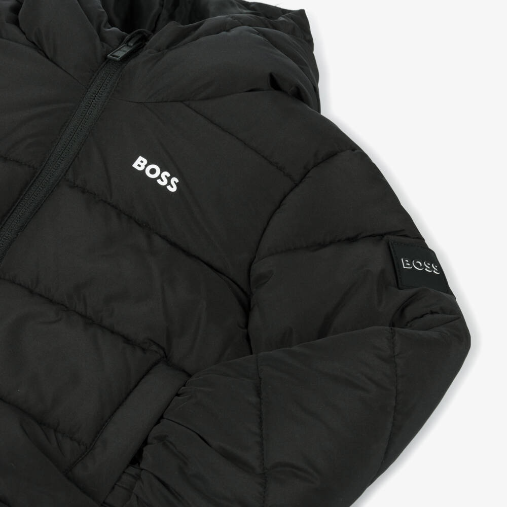 BOSS-Boys Black Hooded Quilted Jacket | Childrensalon Outlet