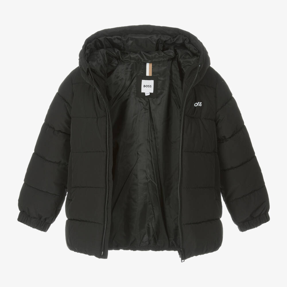 BOSS-Boys Black Hooded Quilted Jacket | Childrensalon Outlet