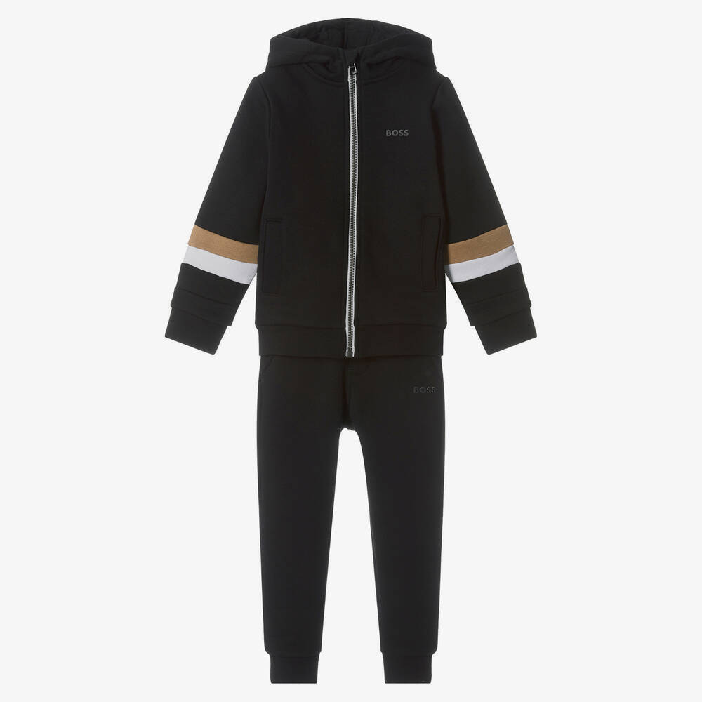 BOSS - بدلة رياضية هودي قطن جيرسي لون أسود للأولاد | Childrensalon