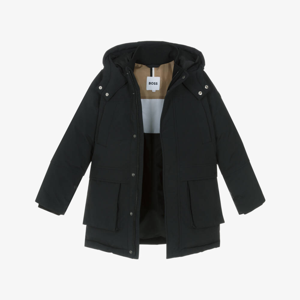 BOSS-Зимнее пальто с капюшоном черное для мальчиков | Childrensalon Outlet