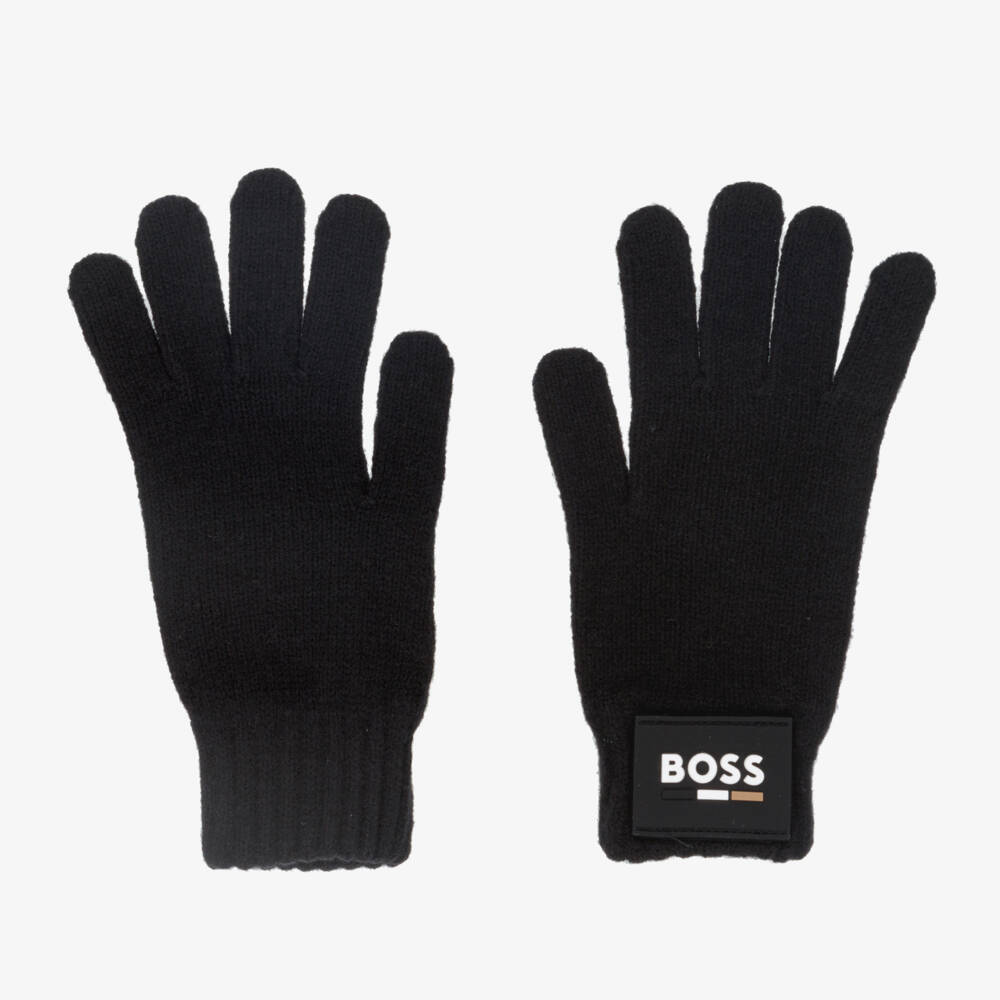 BOSS-Boys Black Knit Gloves | Childrensalon Outlet