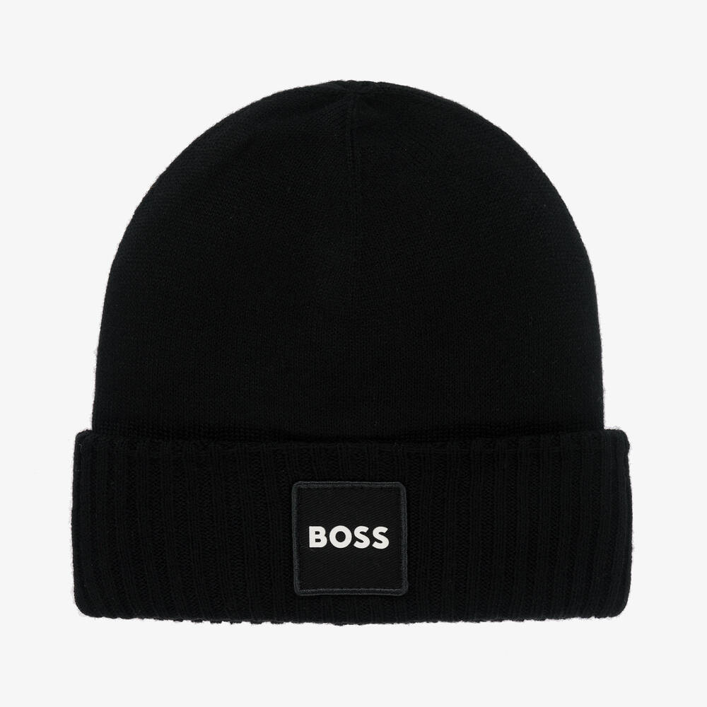BOSS - Boys Black Knitted Beanie Hat | Childrensalon