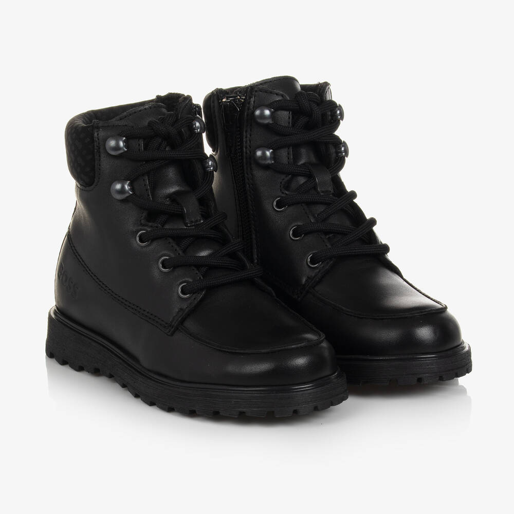 BOSS - Boys Black Leather Boots | Childrensalon