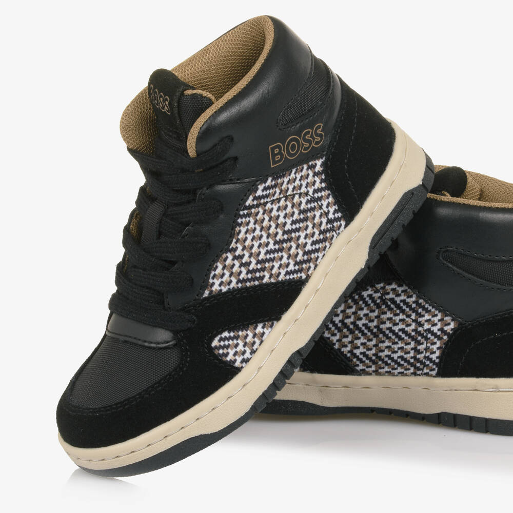 BOSS-Boys Black Leather High-Top Trainers with Check Panel | Childrensalon Outlet