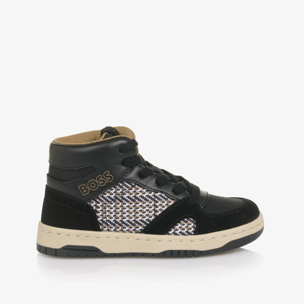 BOSS-Boys Black Leather High-Top Trainers with Check Panel | Childrensalon Outlet