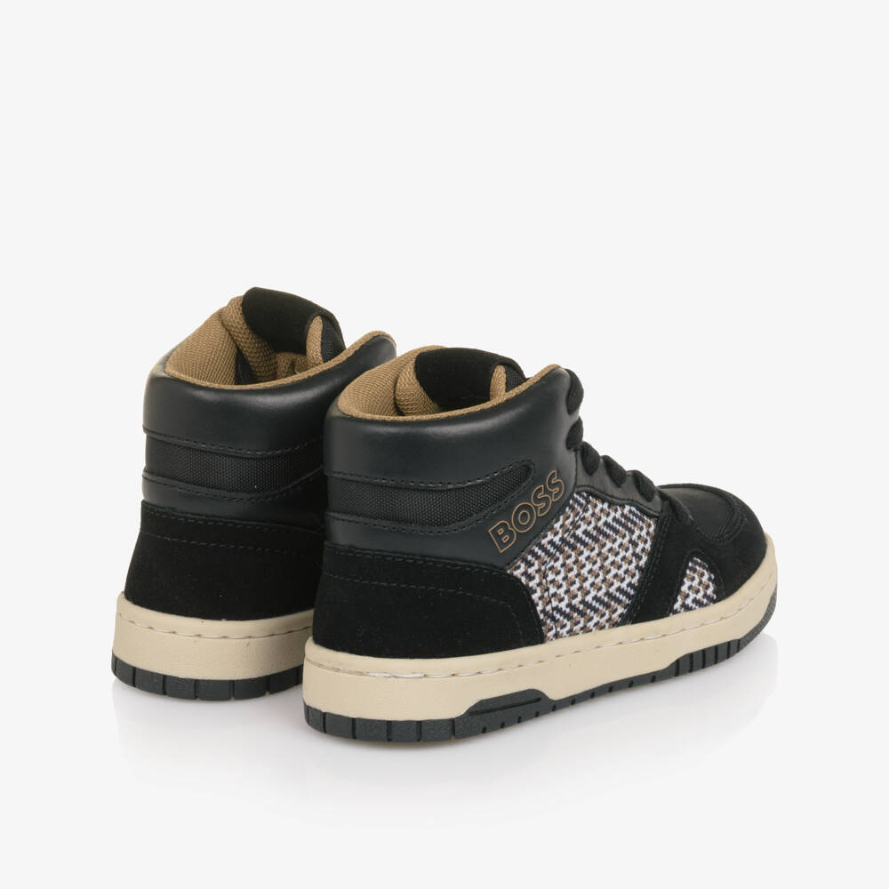 BOSS-Boys Black Leather High-Top Trainers with Check Panel | Childrensalon Outlet