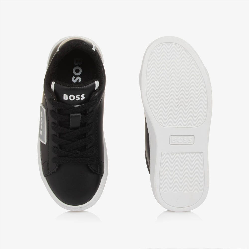 BOSS-Boys Black Leather Logo Trainers | Childrensalon Outlet
