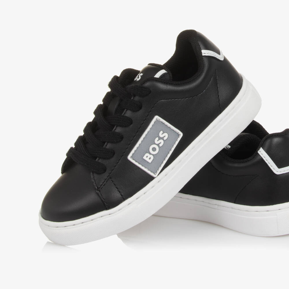 BOSS-Boys Black Leather Logo Trainers | Childrensalon Outlet
