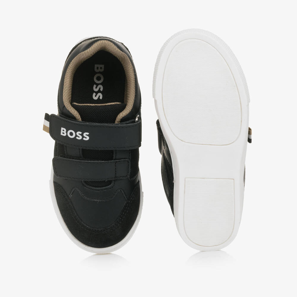 BOSS-Boys Black Leather Low Top Trainers with Logo | Childrensalon Outlet