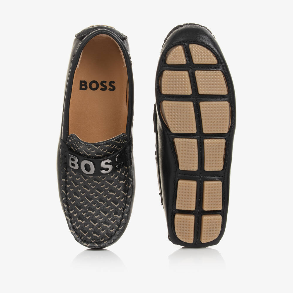 بوس-حذاء موكاسين جلد لون أسود للأولاد | Childrensalon Outlet