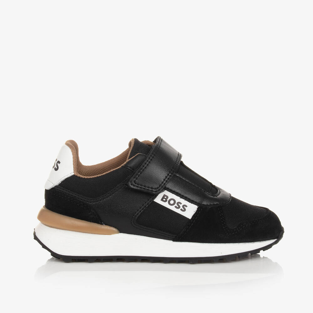 BOSS Boys Black Leather Suede Trainers