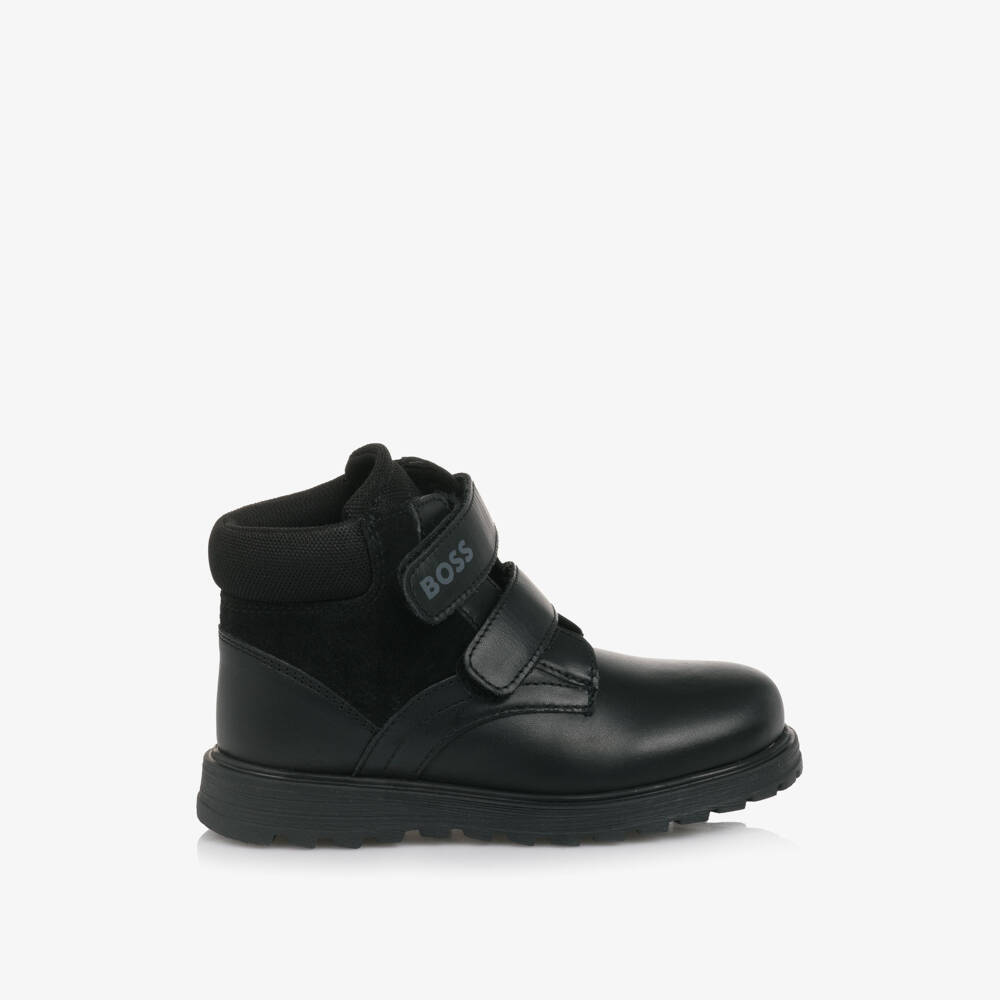 BOSS-Boys Black Leather & Suede Velcro Boots | Childrensalon Outlet