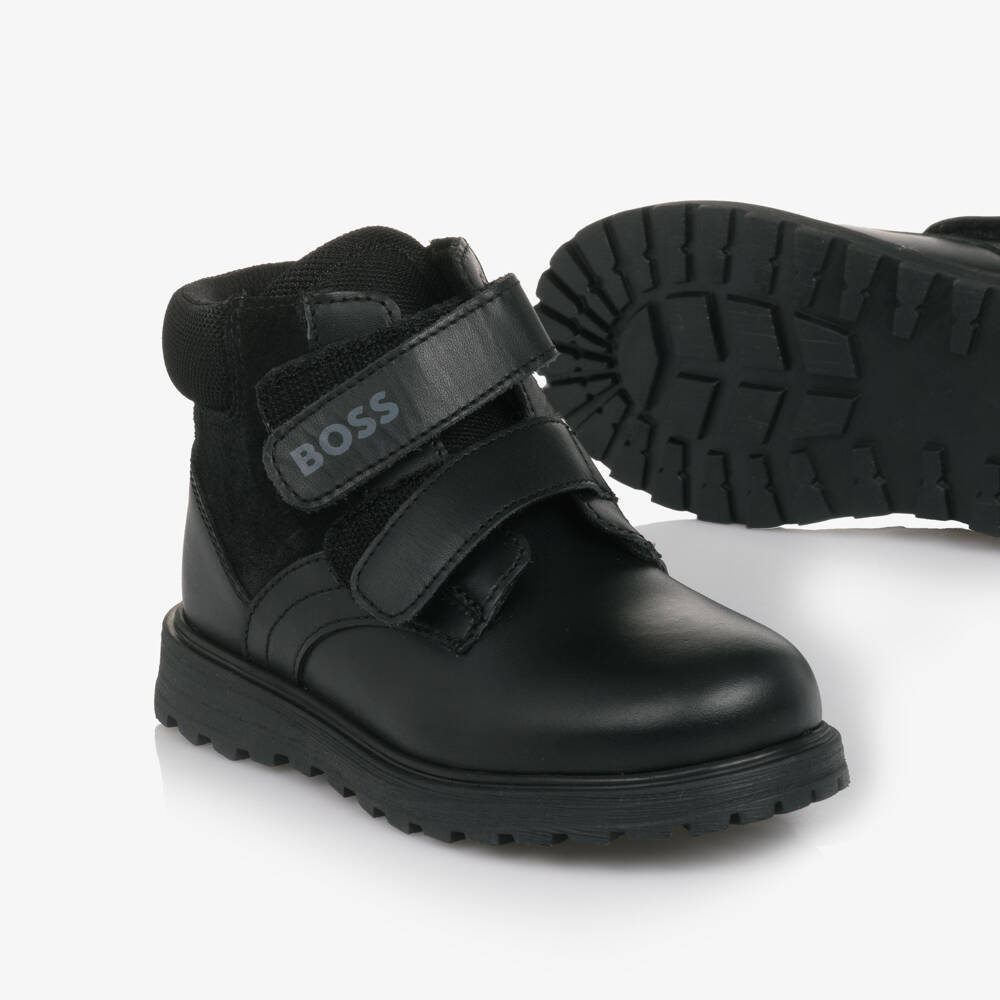 BOSS-Boys Black Leather & Suede Velcro Boots | Childrensalon Outlet