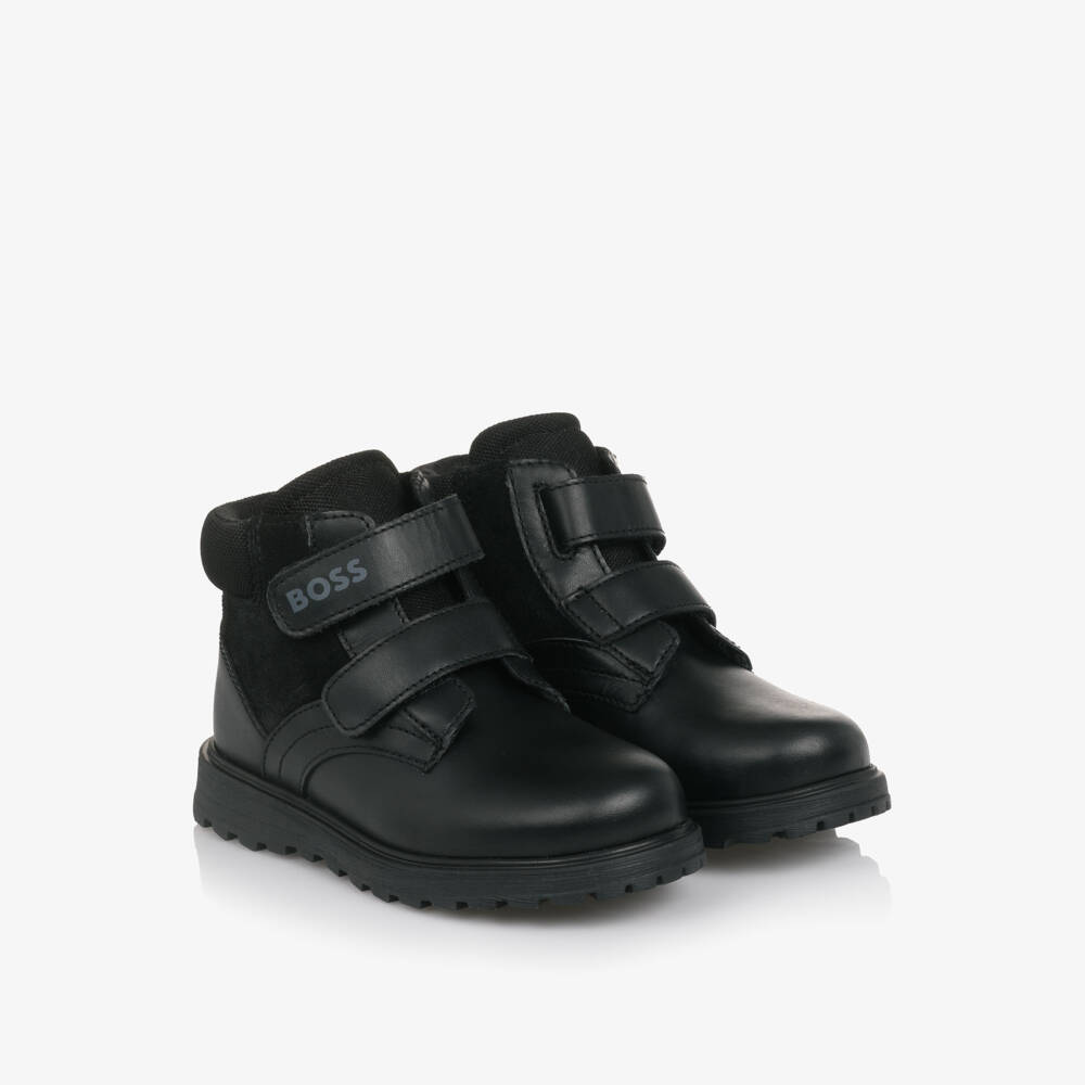 BOSS-Boys Black Leather & Suede Velcro Boots | Childrensalon Outlet