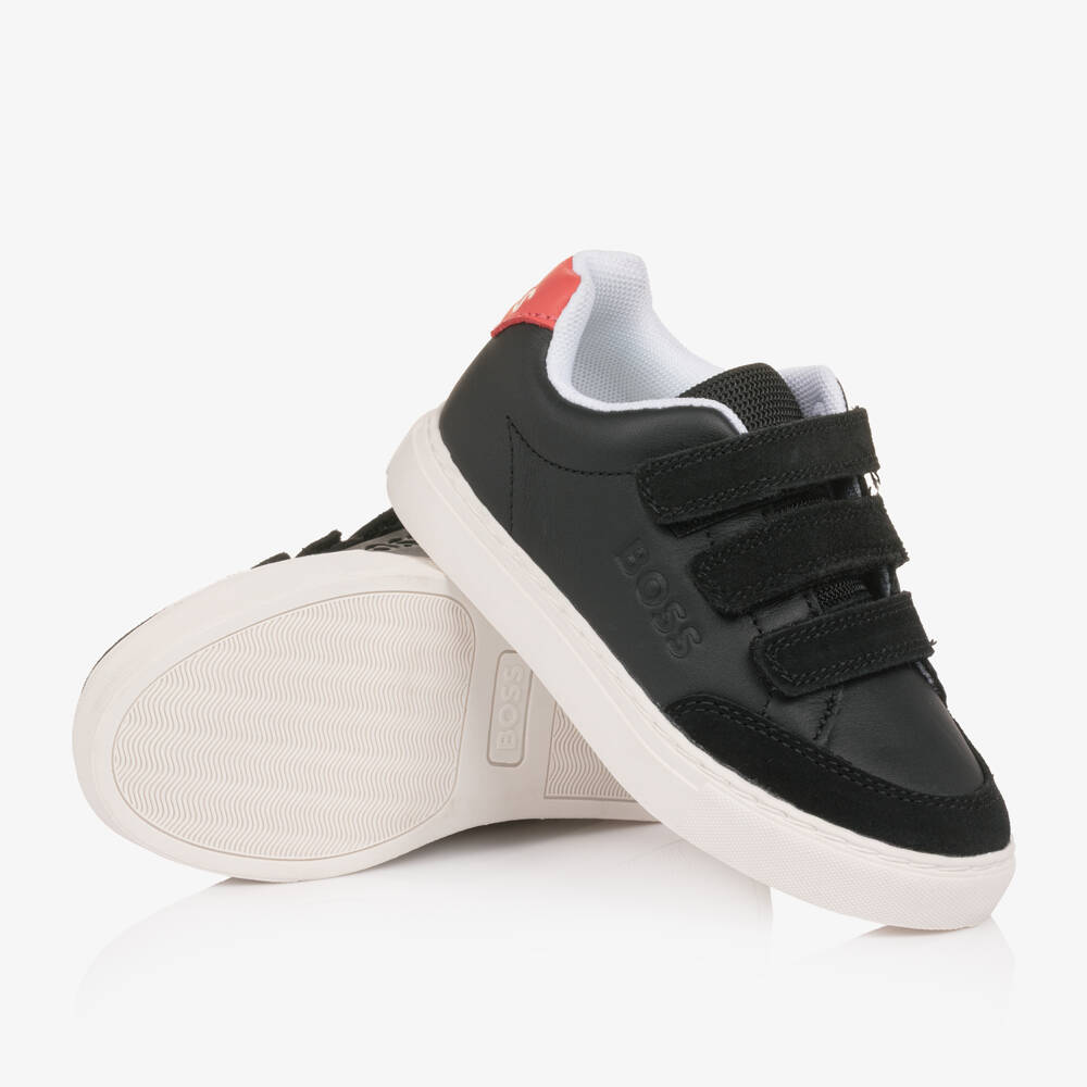 BOSS-Boys Black Leather & Suede Velcro Trainers | Childrensalon Outlet