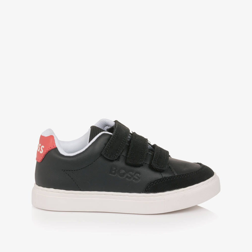 BOSS-Boys Black Leather & Suede Velcro Trainers | Childrensalon Outlet