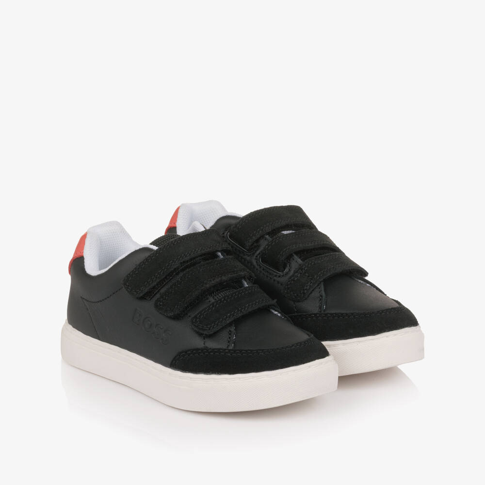 BOSS-Boys Black Leather & Suede Velcro Trainers | Childrensalon Outlet