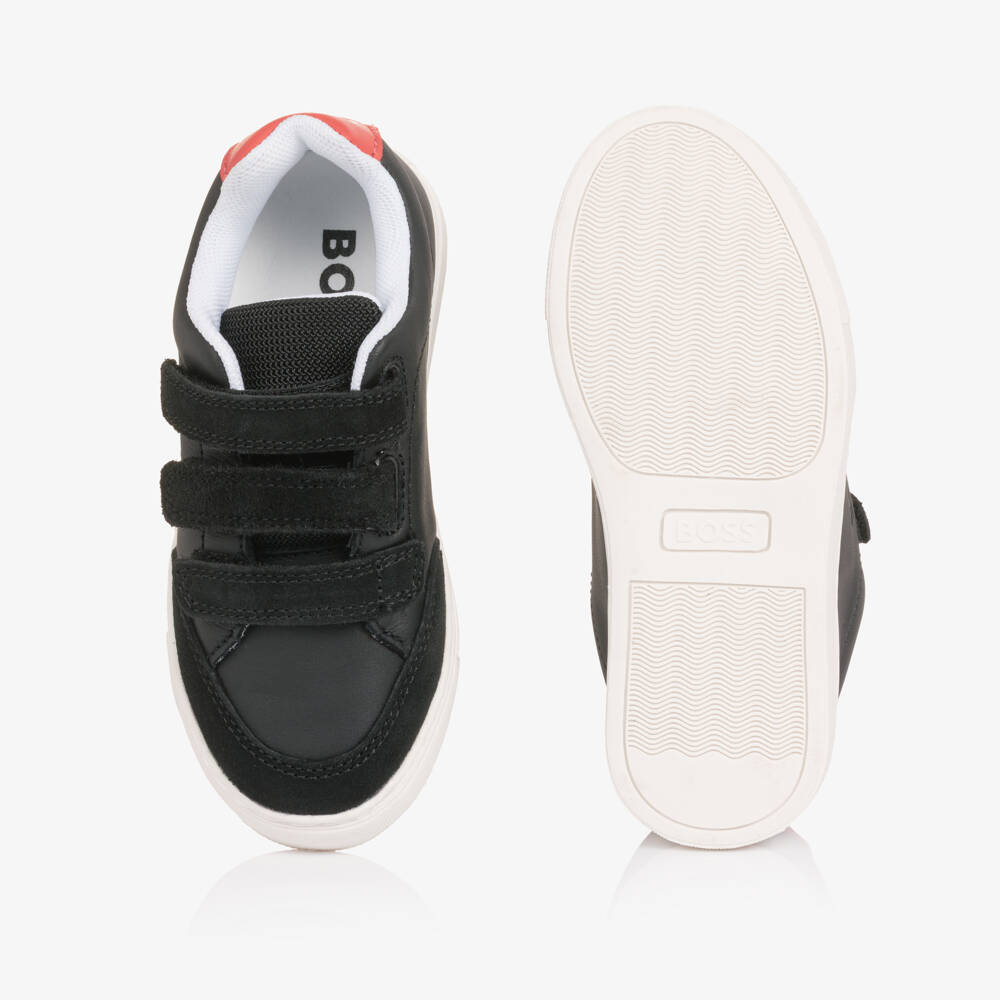 BOSS-Boys Black Leather & Suede Velcro Trainers | Childrensalon Outlet