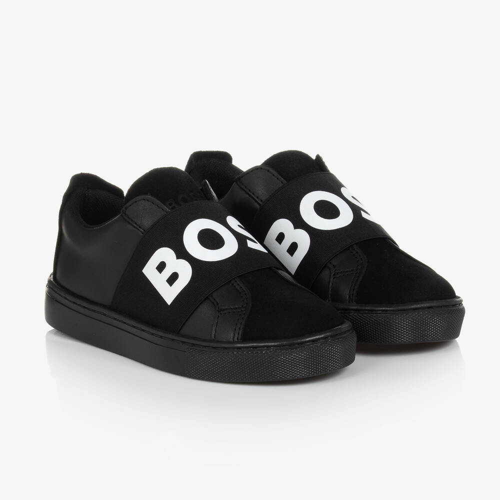 BOSS - Boys Black Leather Trainers | Childrensalon