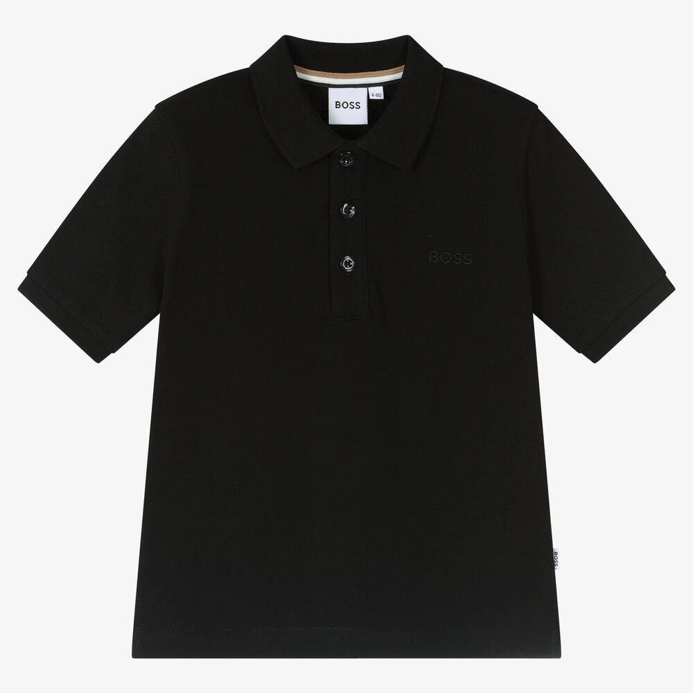 BOSS - Boys Black Logo Polo Shirt | Childrensalon