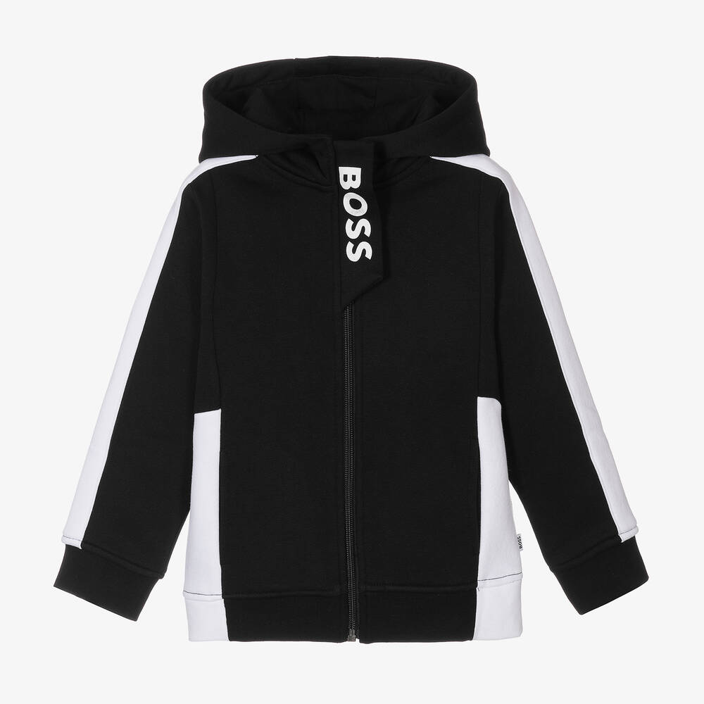 BOSS - Sweat à capuche noir zippé garçon | Childrensalon