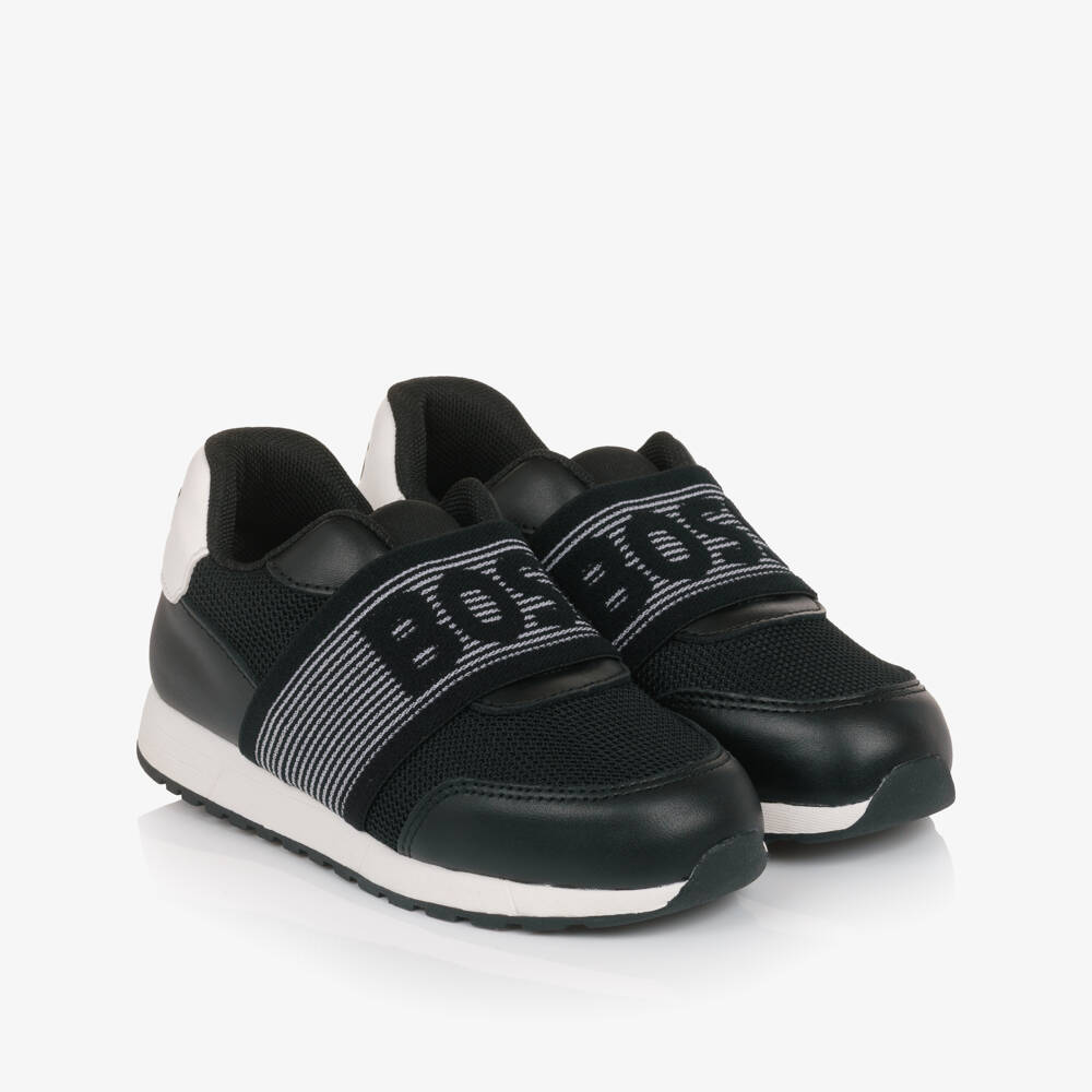 BOSS-Boys Black Mesh & Leather Slip-On Trainers | Childrensalon Outlet