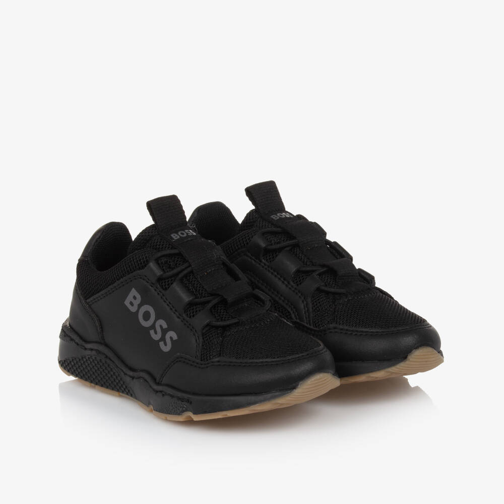 BOSS-Boys Black Mesh & Leather Sneakers | Childrensalon Outlet