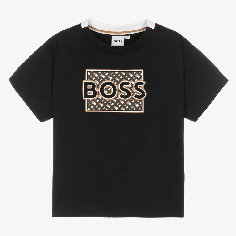 BOSS - Boys Black Monogram Logo T-Shirt | Childrensalon