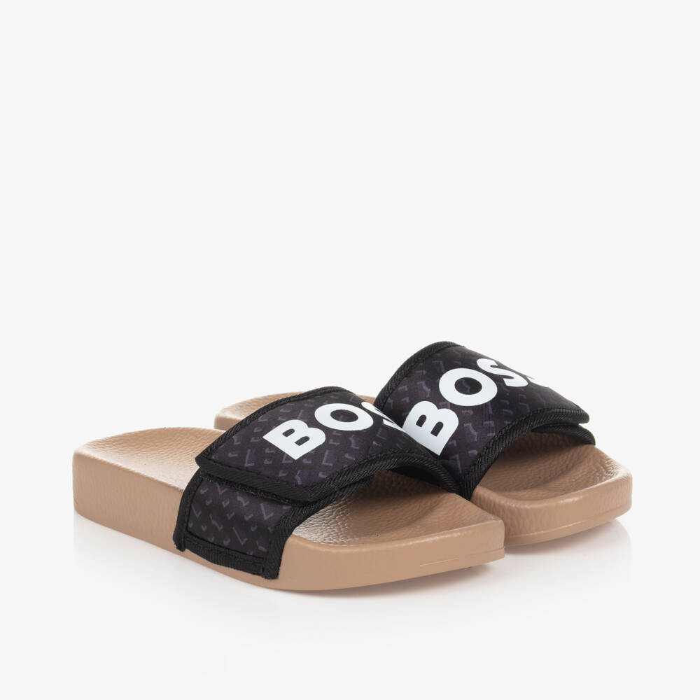 BOSS-Boys Black Monogram Sliders | Childrensalon Outlet