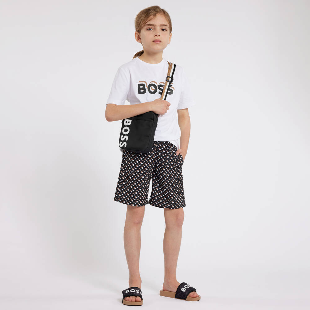 BOSS-Boys Black Monogram Sliders | Childrensalon Outlet