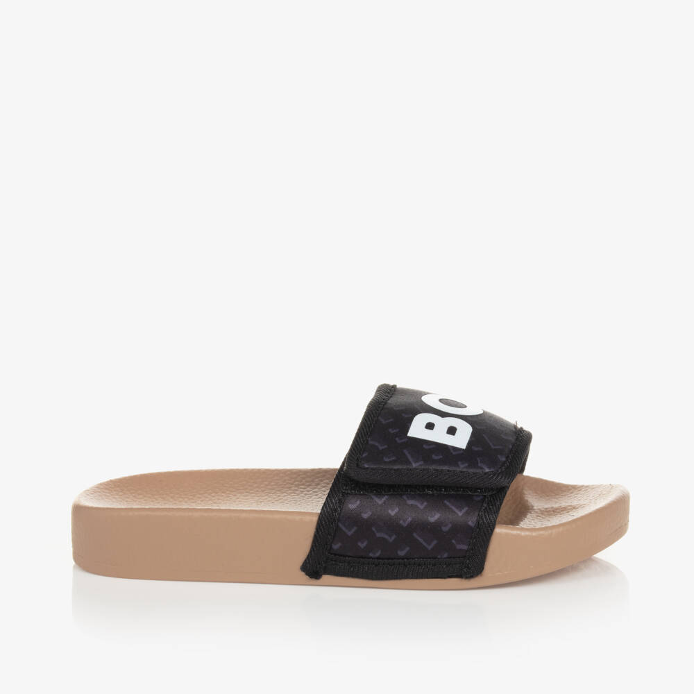 BOSS-Boys Black Monogram Sliders | Childrensalon Outlet