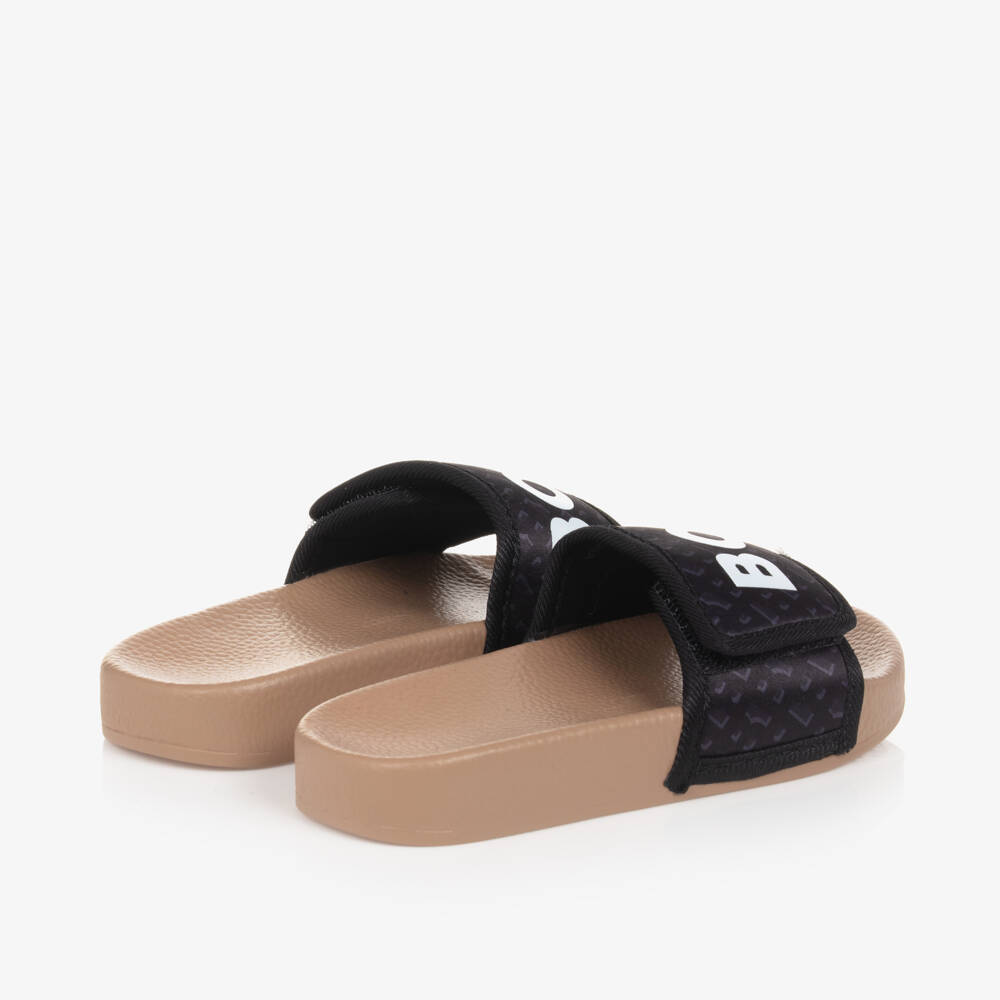 BOSS-Boys Black Monogram Sliders | Childrensalon Outlet
