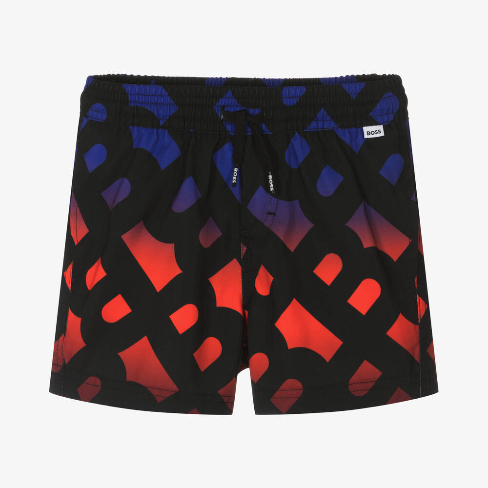 BOSS-Boys Black Monogram Swim Shorts | Childrensalon Outlet