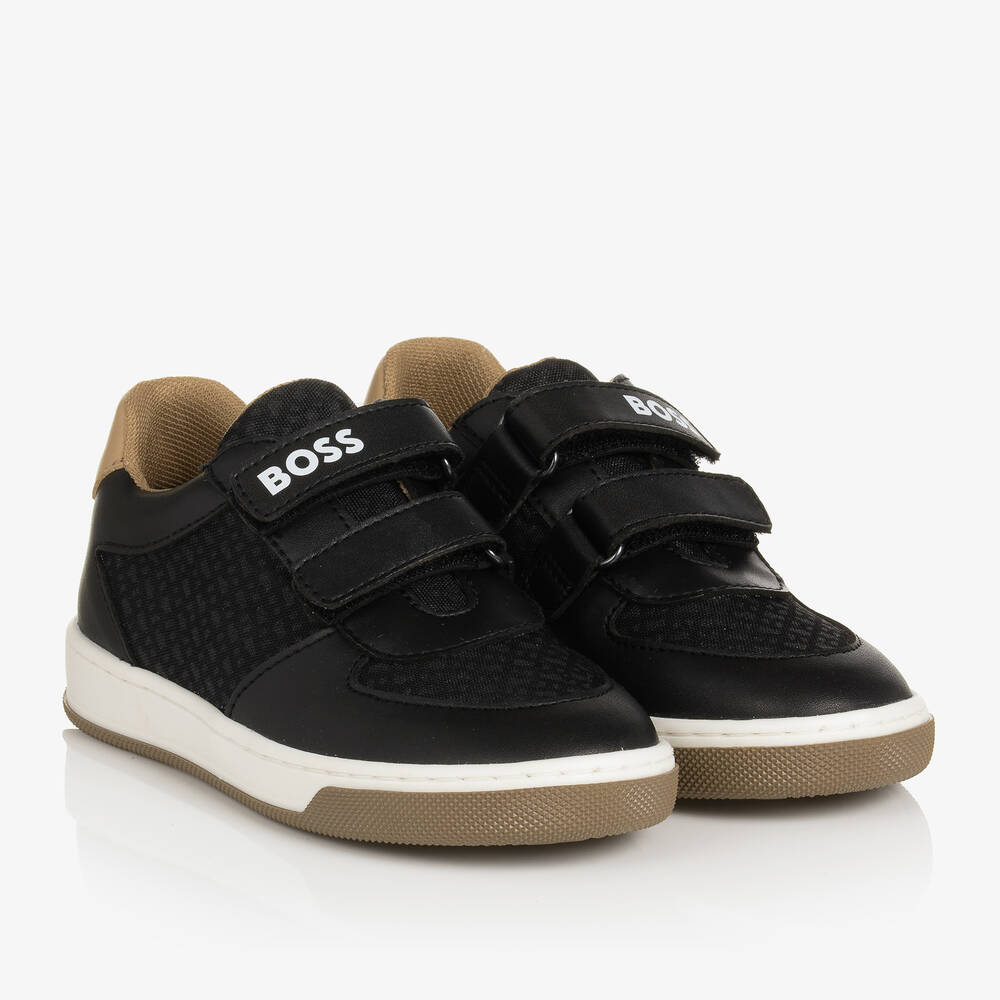 BOSS - Boys Black Monogram Velcro Trainers | Childrensalon