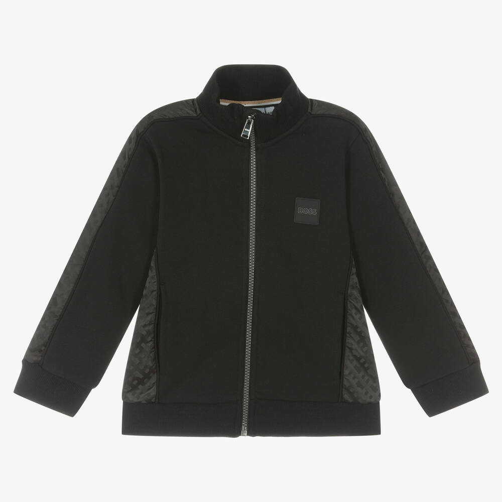 BOSS - Boys Black Monogram Zip-Up Top | Childrensalon