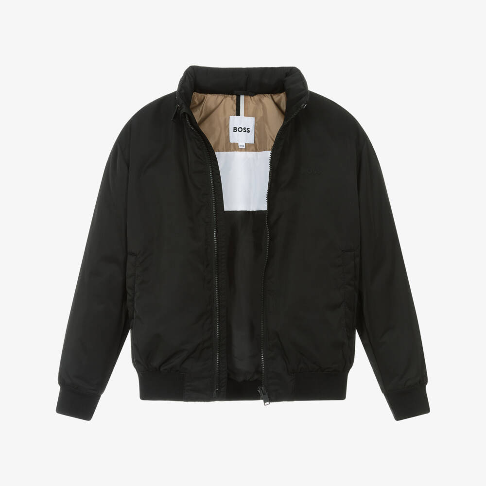 BOSS-Boys Black Padded Jacket with Fold-Away Hood | Childrensalon Outlet