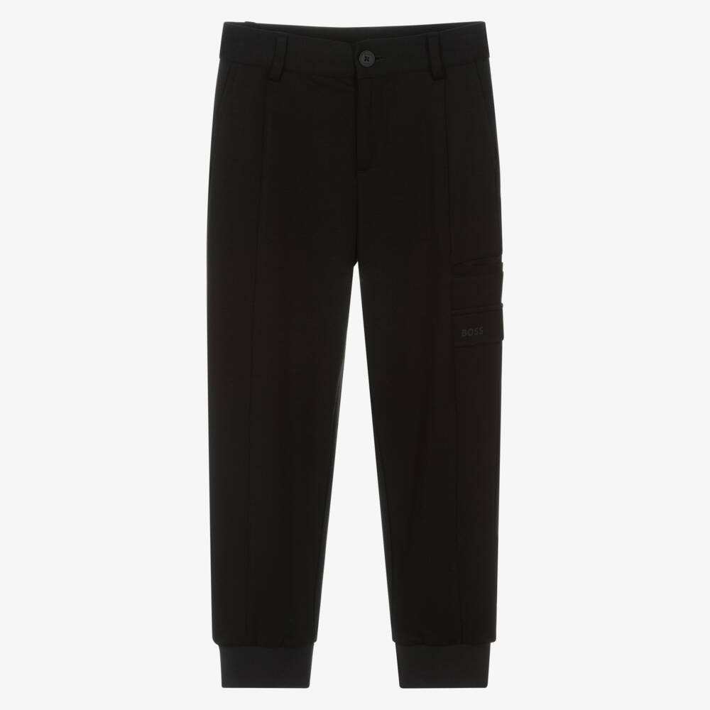 BOSS-Boys Black PiquÃ© Cargo Cuffed Trousers | Childrensalon Outlet