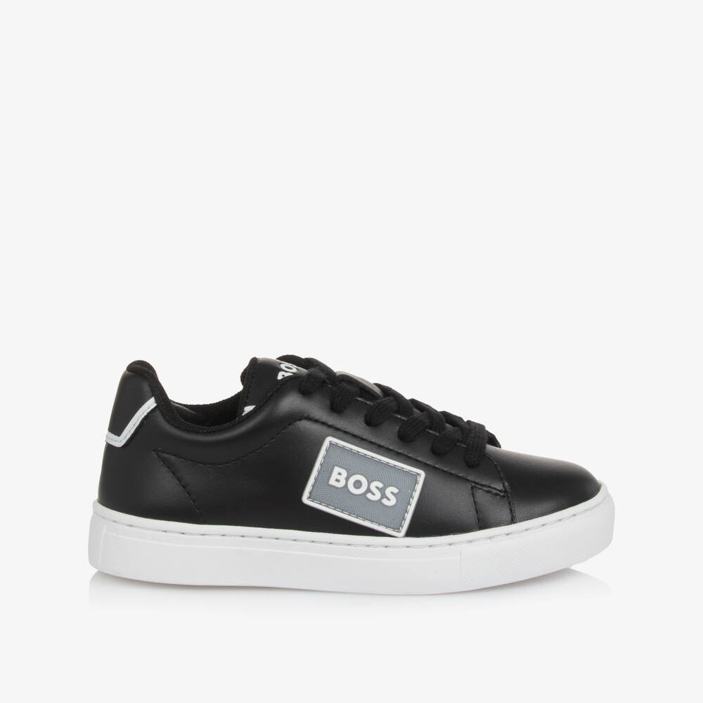 BOSS-Boys Black Smooth Leather Lace-Up Trainers | Childrensalon Outlet
