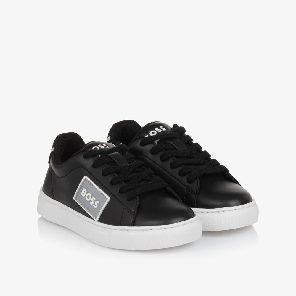 BOSS-Boys Black Smooth Leather Lace-Up Trainers | Childrensalon Outlet