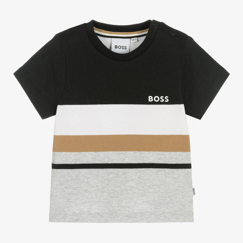 BOSS - Boys Black Stripe Logo Cotton T-Shirt | Childrensalon
