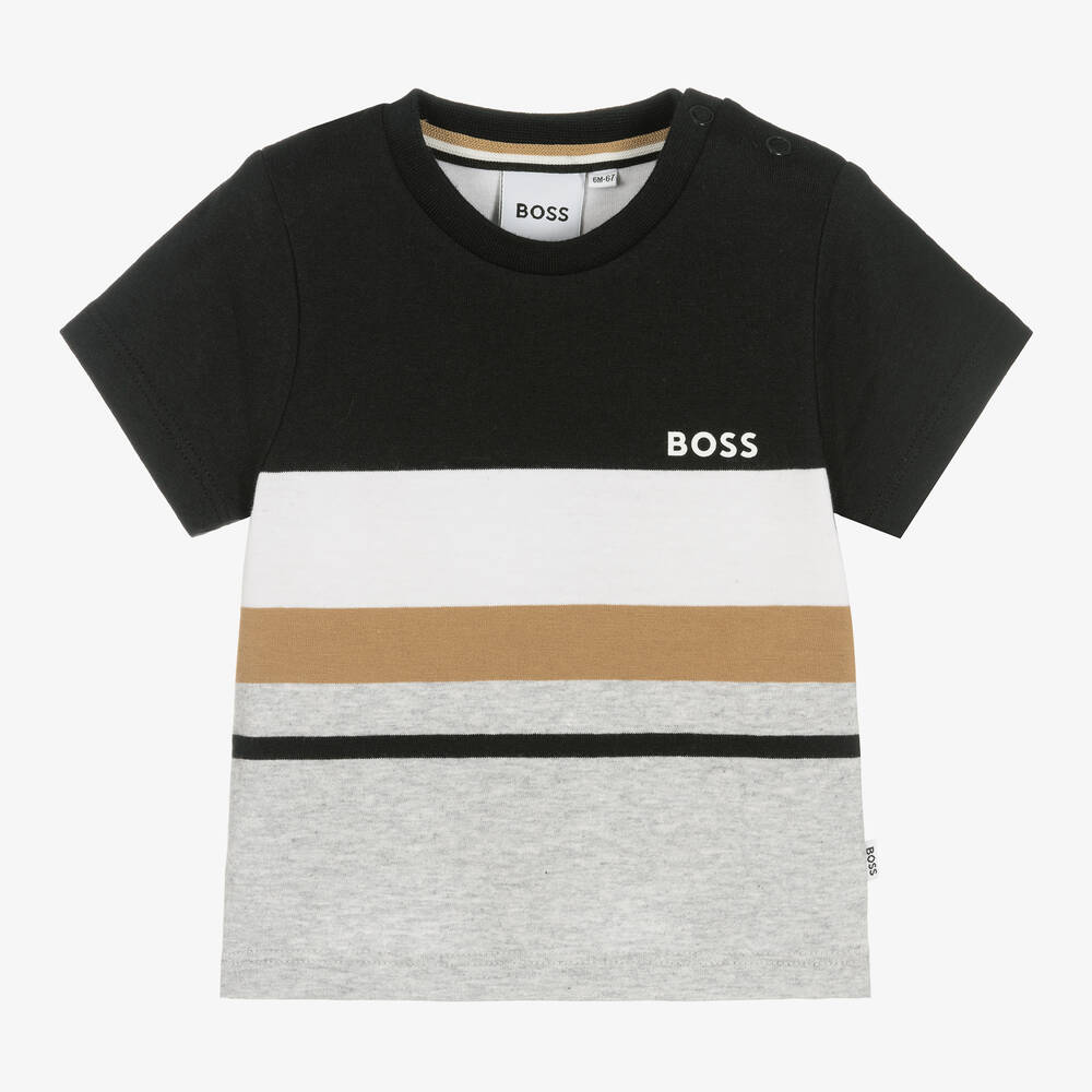 BOSS-Boys Black Stripe Logo Cotton T-Shirt | Childrensalon Outlet