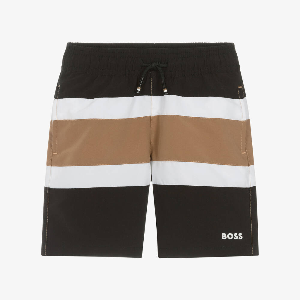 BOSS- Boys Black Striped Swim Shorts | Childrensalon Outlet