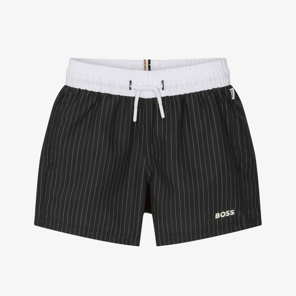 BOSS-Boys Black Striped Swim Shorts | Childrensalon Outlet