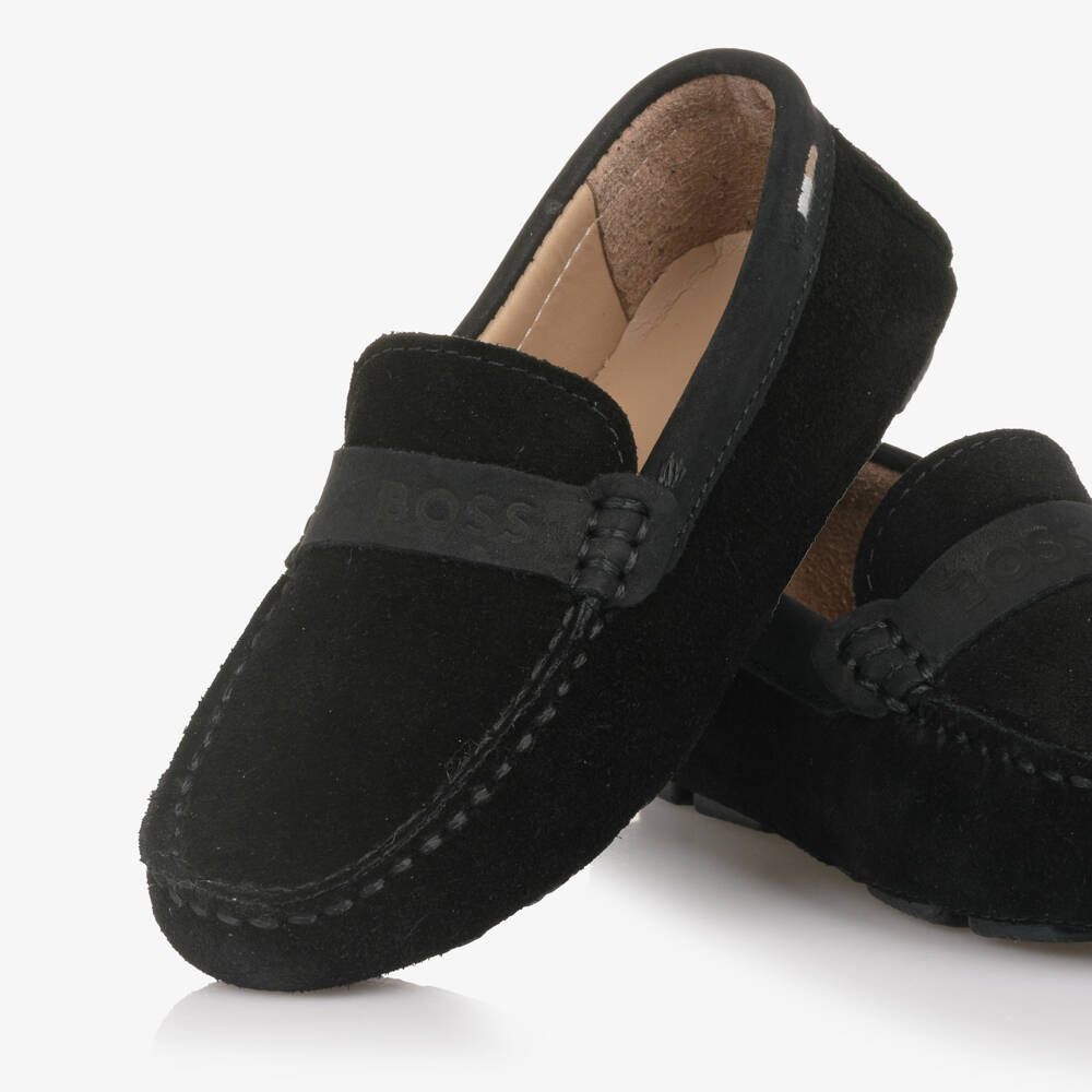 BOSS-Boys Black Suede Leather Loafers | Childrensalon Outlet