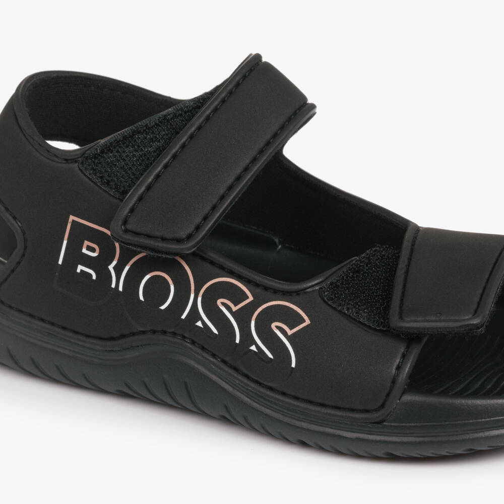 BOSS-Boys Black Velcro Sandals with Logo | Childrensalon Outlet