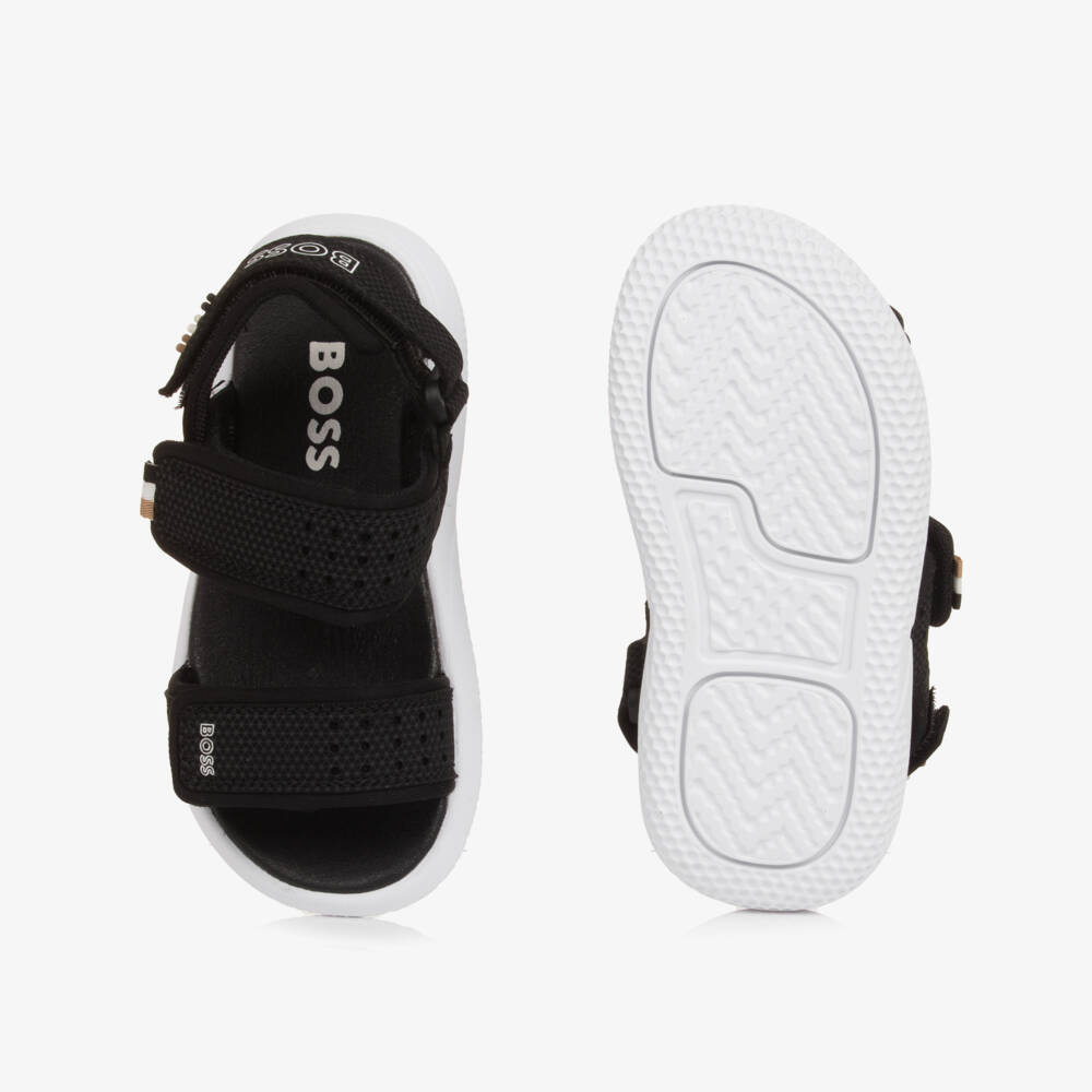 BOSS-Boys Black Velcro Sandals with White Logo Print | Childrensalon Outlet